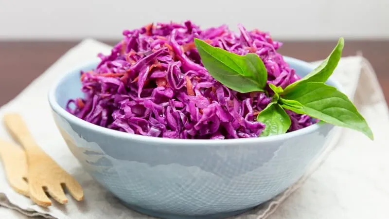 Pickled red cabbage with carrots and peppers